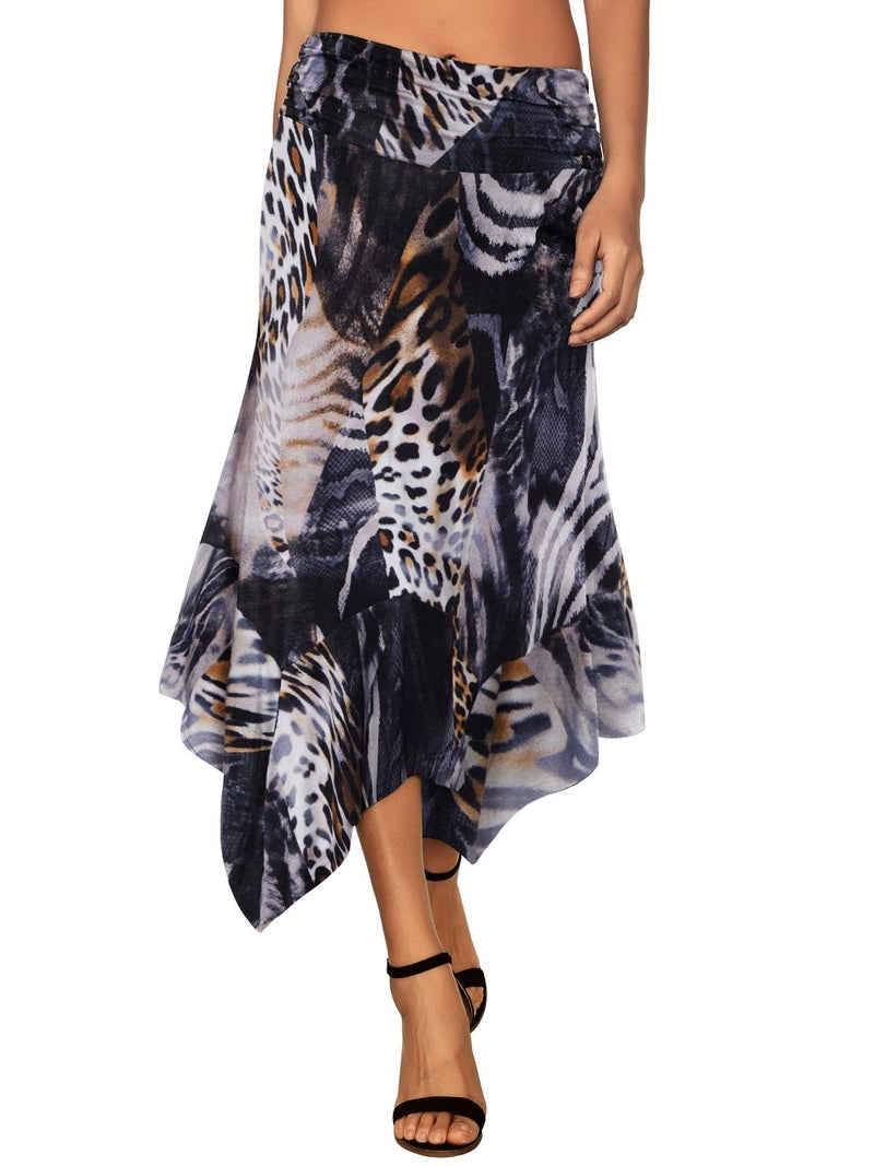 DJT Women's Flowy Handkerchief Hemline Midi Skirt Medium Leopard Print - Image 1